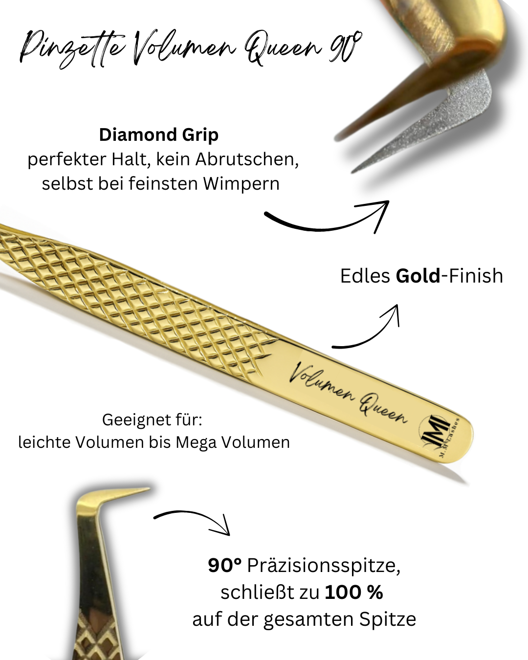 Pinzette | Volumen Queen 90° | Diamond Grip | Gold | Wimpernverlängerung
